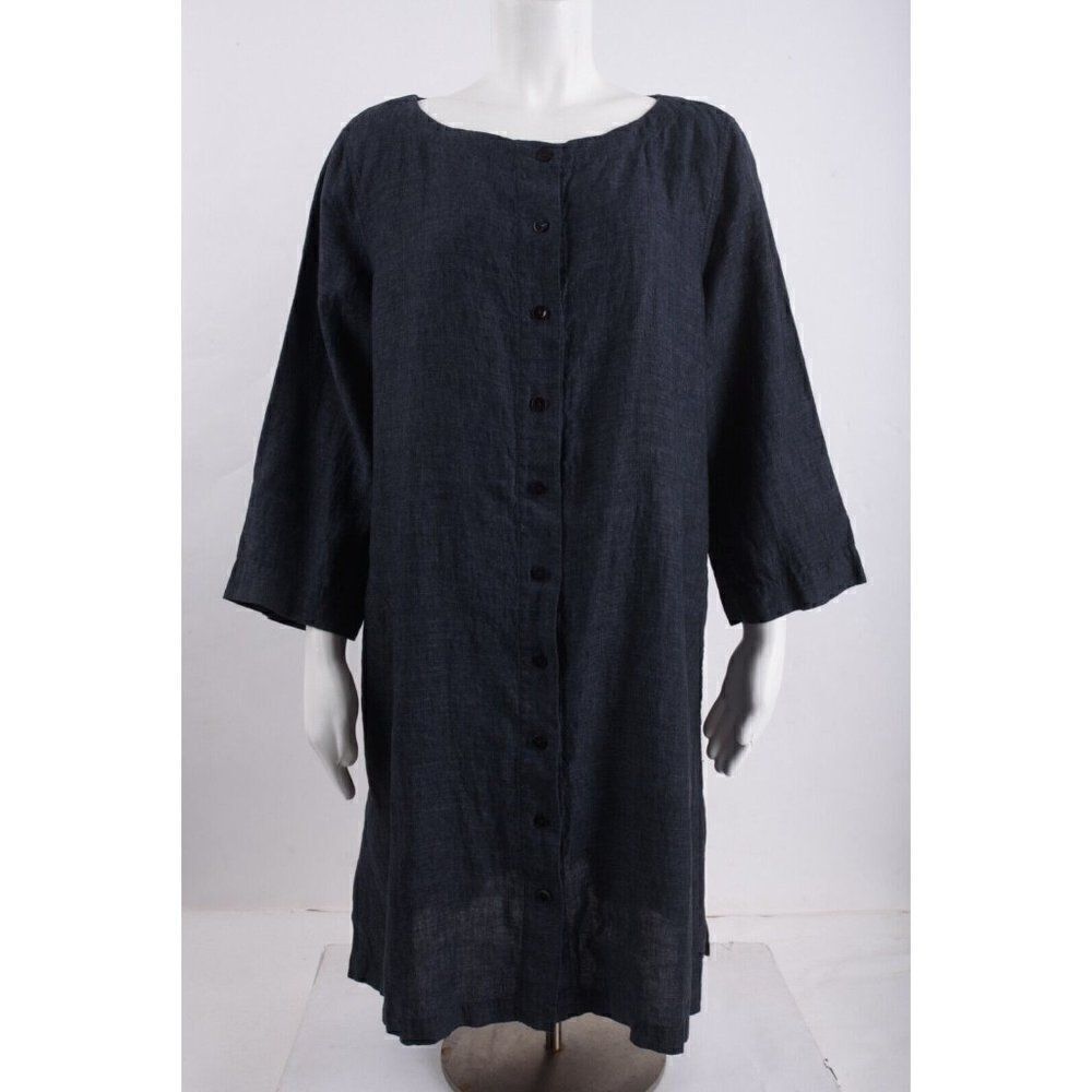 Eileen Fisher Womens Shirt Jacket Tunic Top Duster M Linen Blue Denim Look